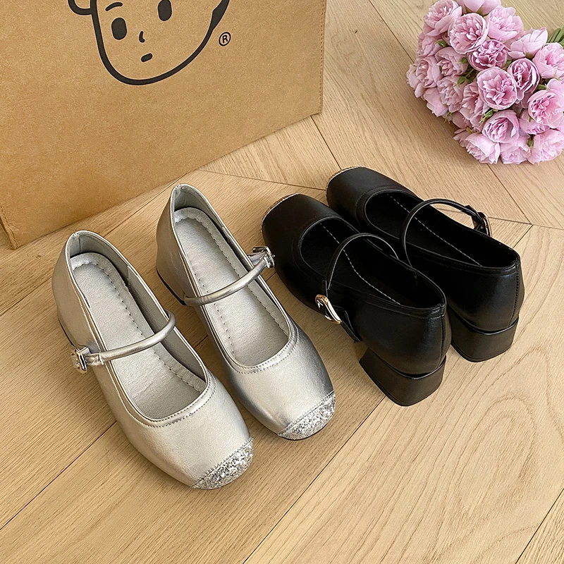 外内增高7CM~2025年新款法式百搭银色玛丽珍女浅口单鞋方头芭蕾鞋