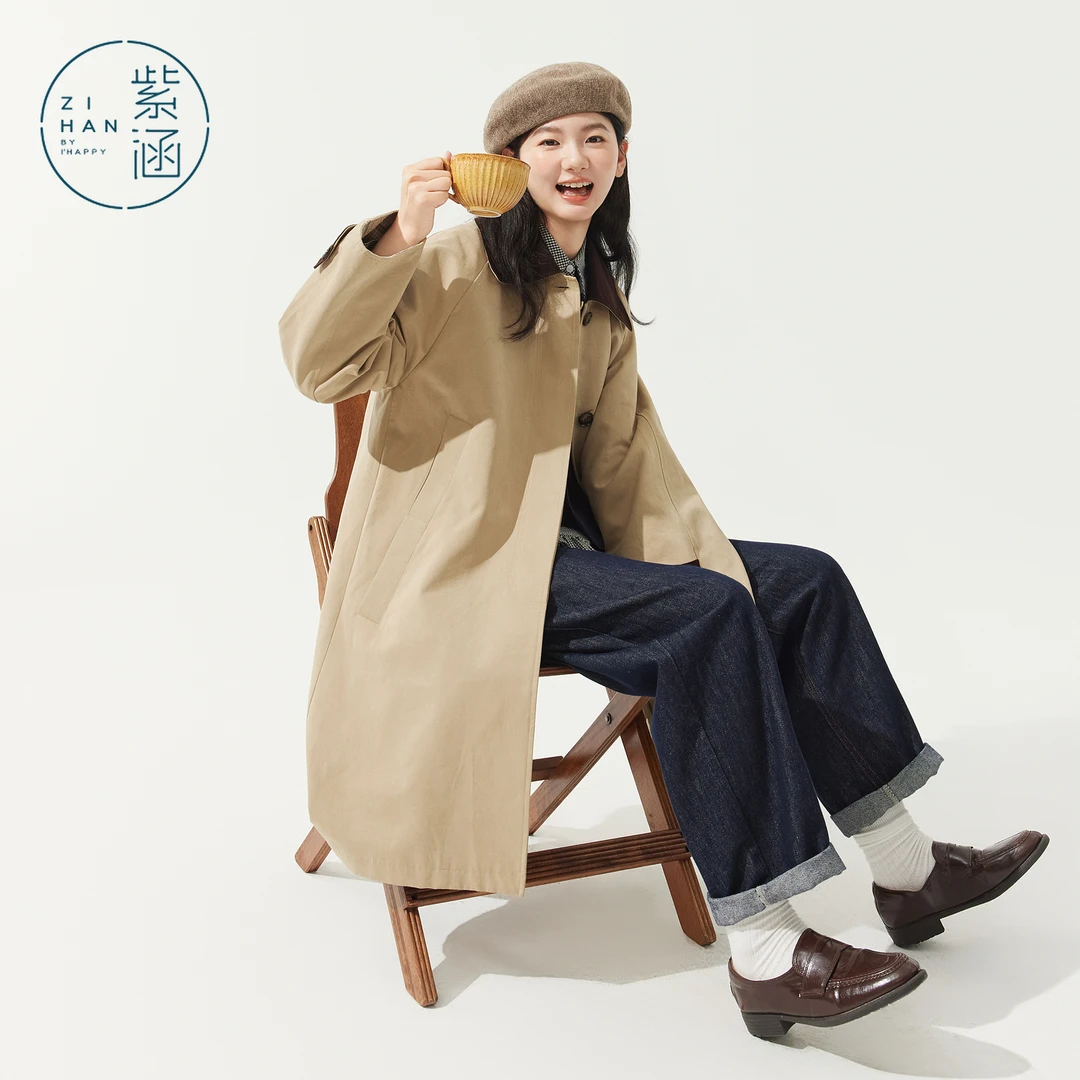 紫涵中长款撞色翻领风衣女2025秋季新款显瘦单排扣外套Z5Z07AW280