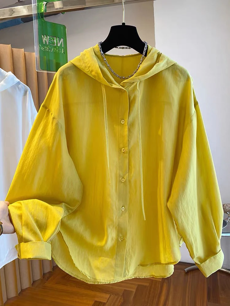 高级感气质黄色连帽衬衫女长袖2025夏季新款休闲宽松气质防晒上衣