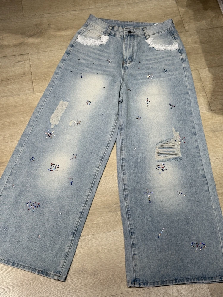 【济州岛】彩色钉钻设计感破洞牛仔裤