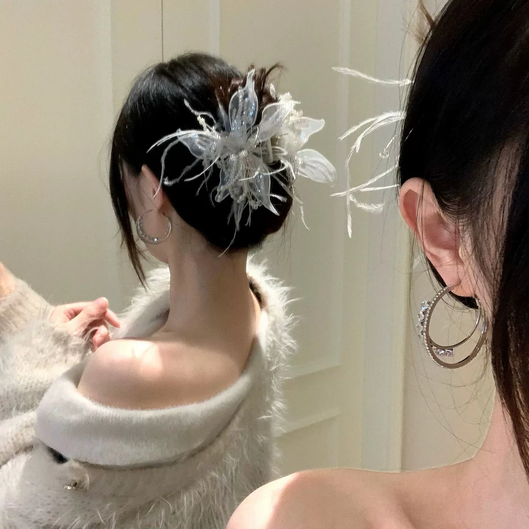 神明少女~纯欲风白色蕾丝羽毛珍珠水晶花朵发夹女侧边夹新娘发饰