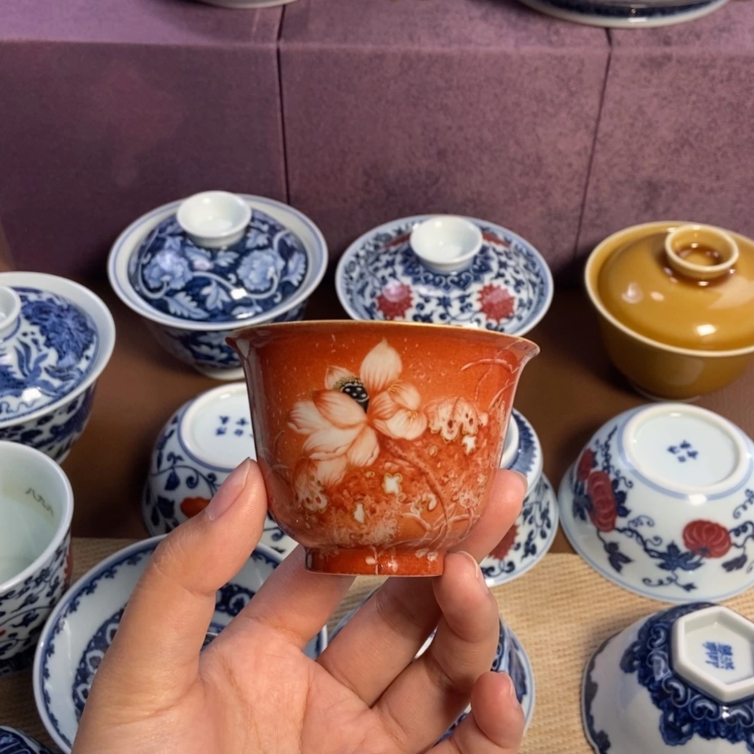 陶瓷云楼老油红荷花铃铛杯