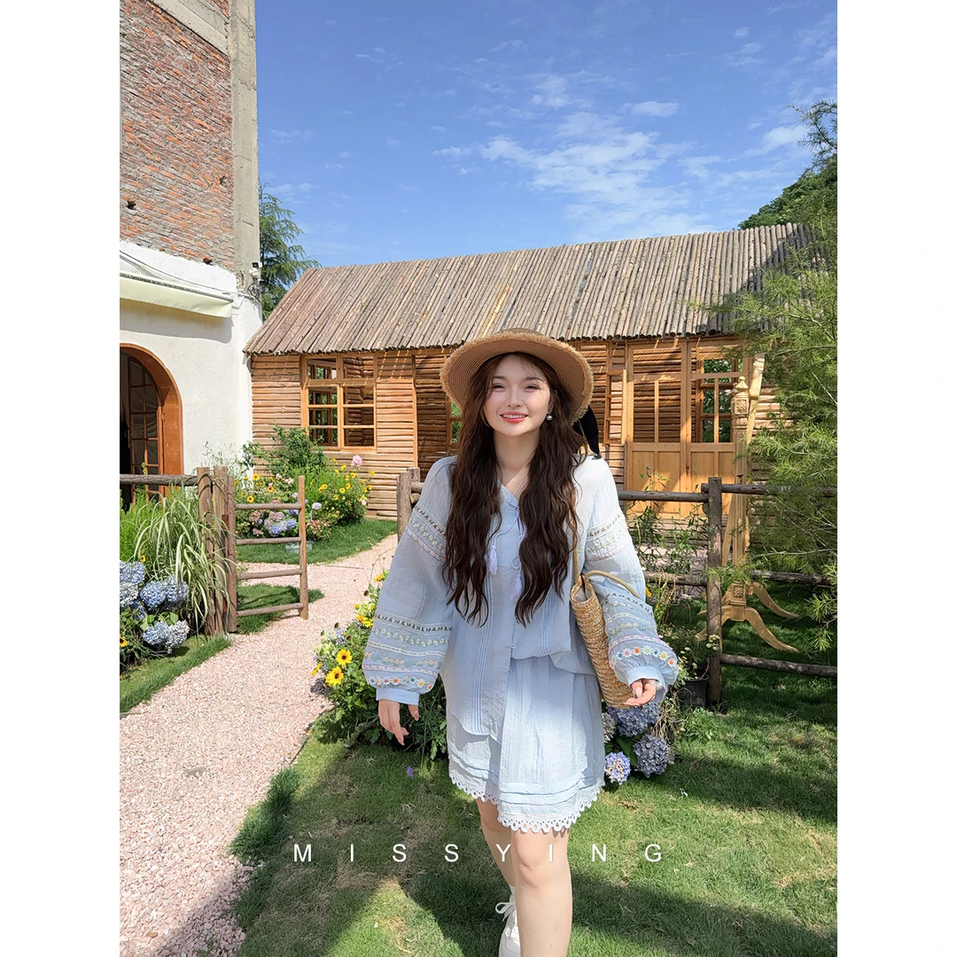 应小姐【花浔】微胖大码中式显瘦夏季蕾丝边立体花纹上衣+半裙套装