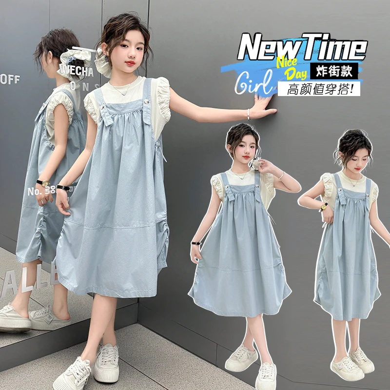 女童夏装连衣裙套装2025新款学院风儿童洋气泡泡袖短袖背带裙套装