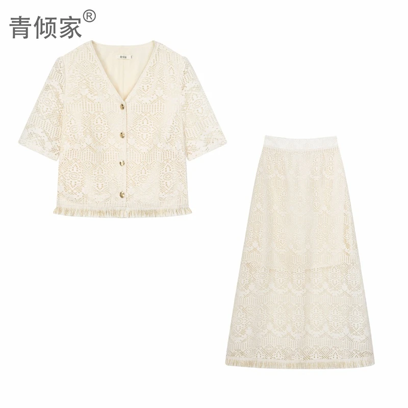 青倾家【山茶黎香】夏季胖MM小香风蕾丝显瘦v领衬衫A字半裙两件套
