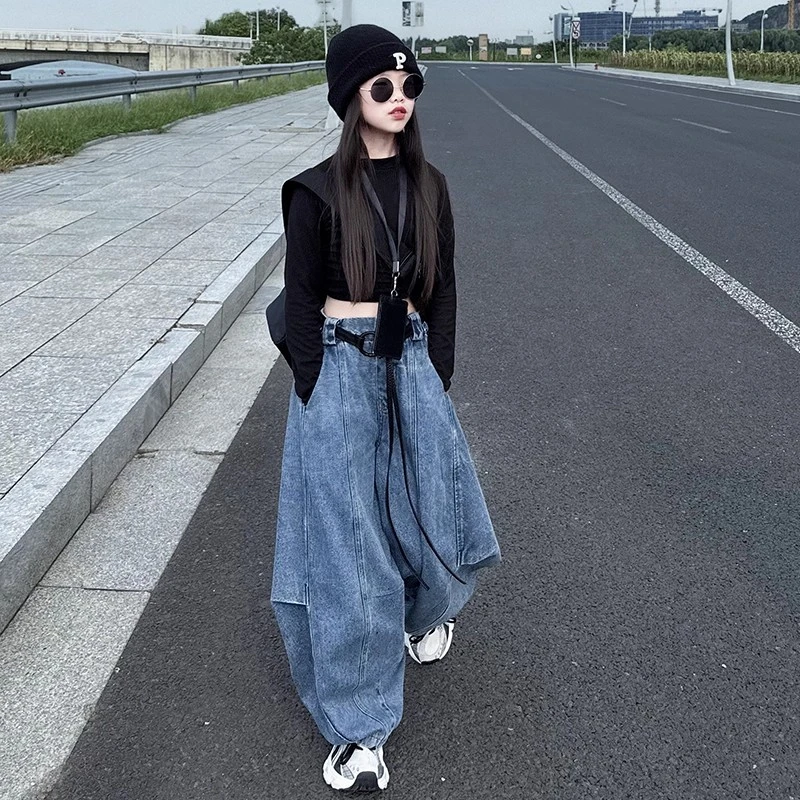 女童2025春秋时髦炸街牛仔裤中大童洋气街舞弯刀裤女孩阔腿香蕉裤