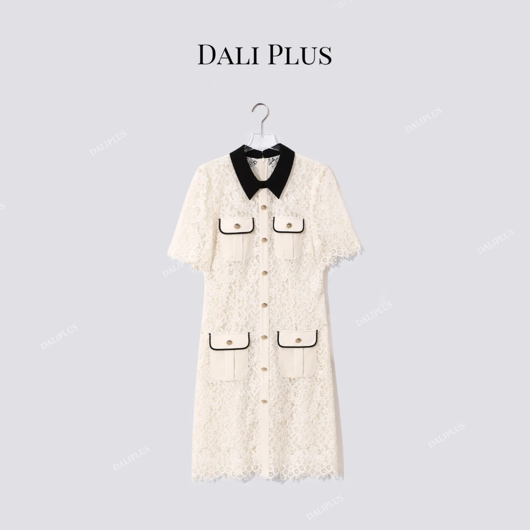 DALI PLUS“撞色白蕾连衣裙”夏日气质时尚小香白蕾连衣裙-D5DD1141