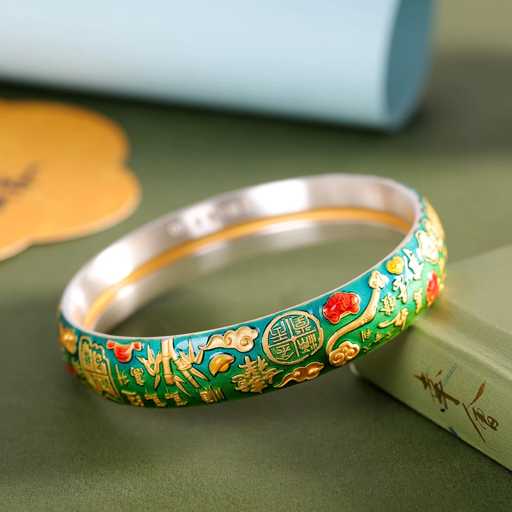 足银手镯 润土匠心足银999珐琅彩描金吉言手镯实心新中式手环rp