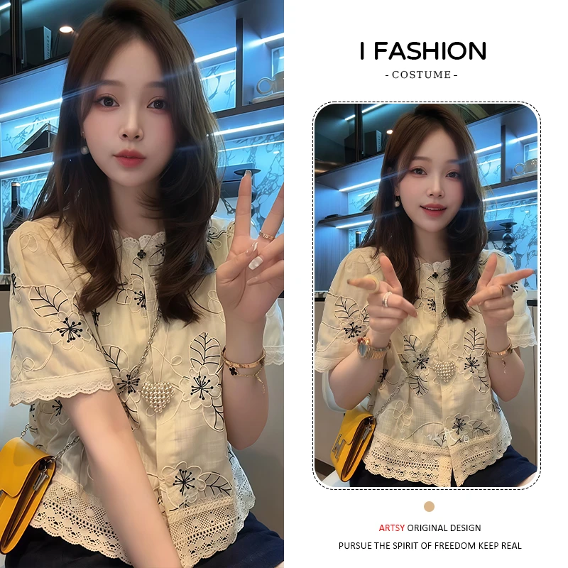 复古中式蕾丝花边短袖衬衫女2026年夏季新款法式气质百搭短款小衫