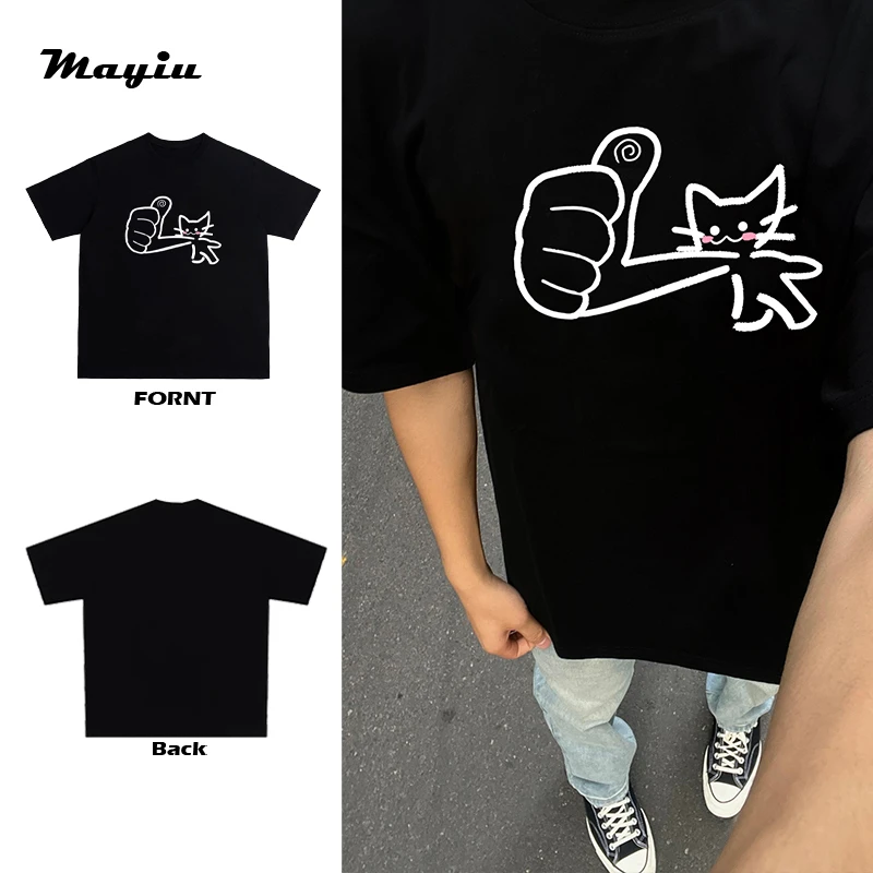 美式点赞小猫小众设计cleanfit宽松潮牌简约情侣短袖T恤