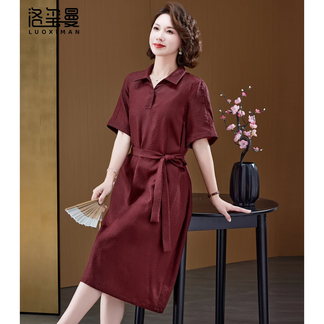 洛玺曼新款桑蚕丝连衣裙女夏高端奢华大牌中年妈妈气质香云纱裙子