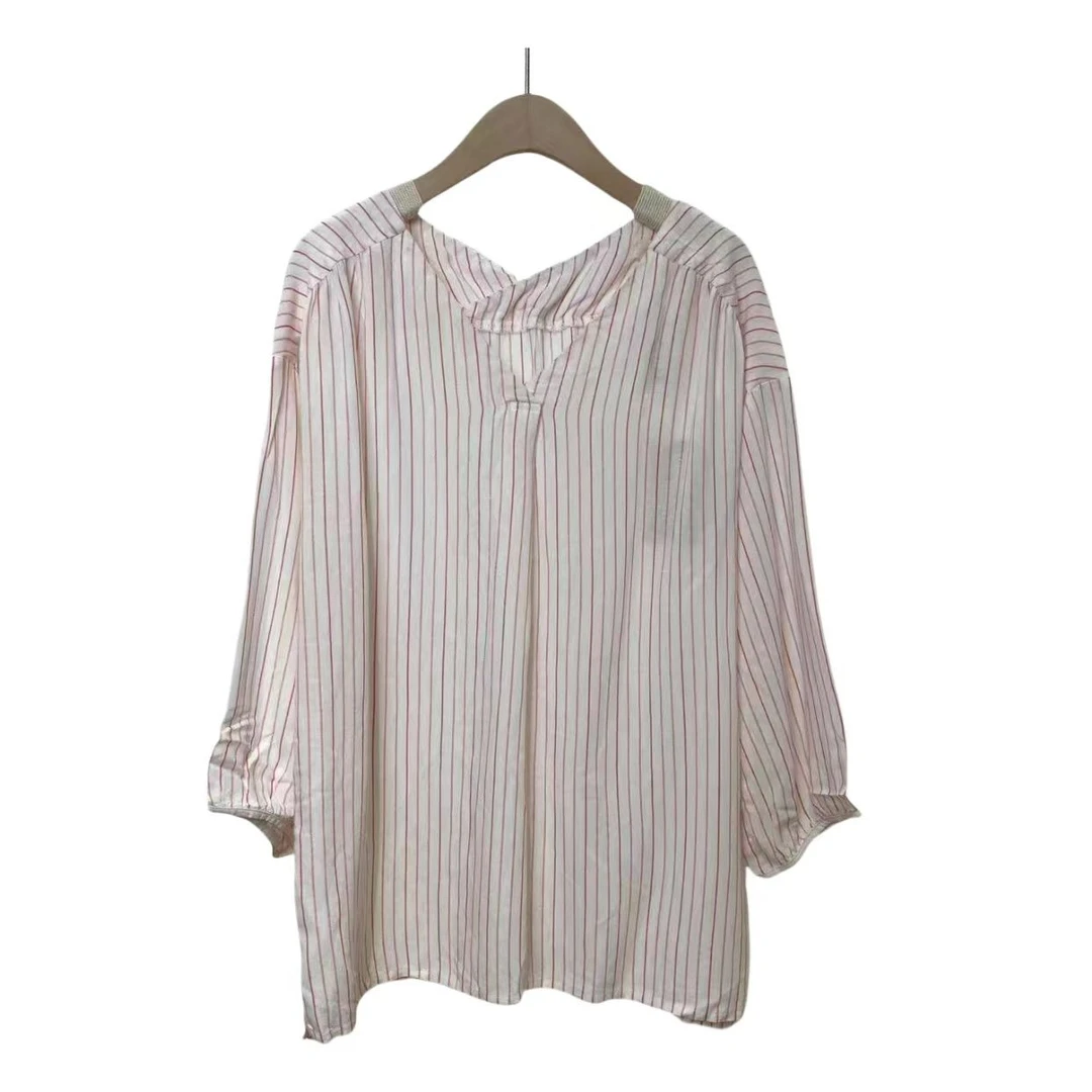 出游女装小众设计亚麻混纺七分袖V领休闲衬衫时尚休闲百搭宽松衣