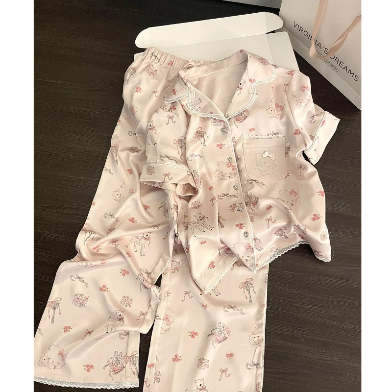 【HelloKitty冰丝】少女甜美睡衣女夏季2025新款短袖长裤套装居家服