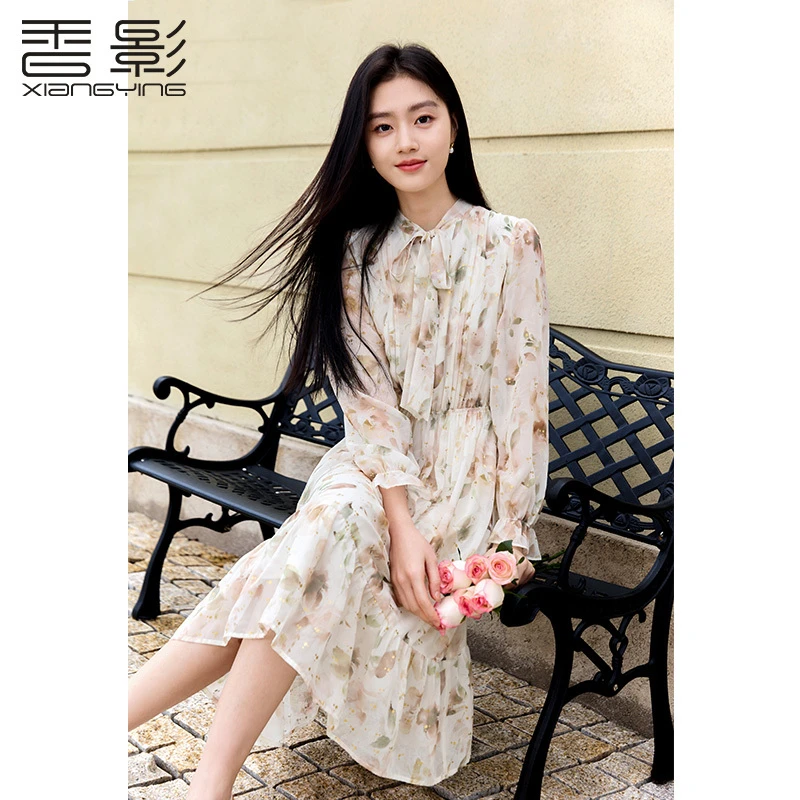 Q851084连衣裙香影欧若智性风碎花雪纺连衣裙长袖25春新款