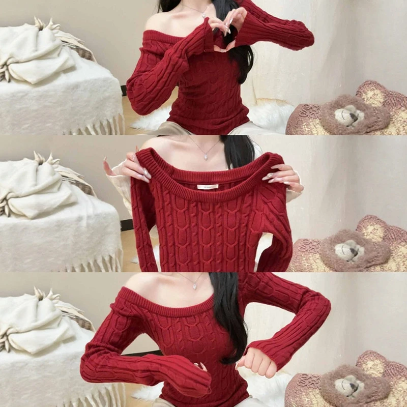 韩系红色一字肩麻花针织打底衫女秋冬修身显瘦毛衣内搭漂亮小上衣