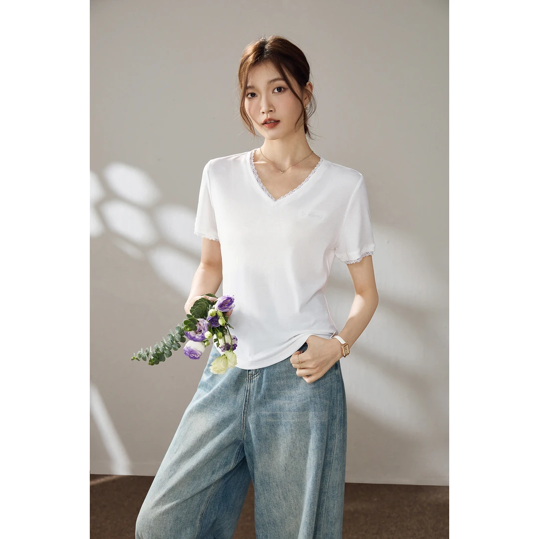 B 门店36&9！乔伊T恤」莱赛尔天丝气质V领蕾丝花边短袖上衣女C22242