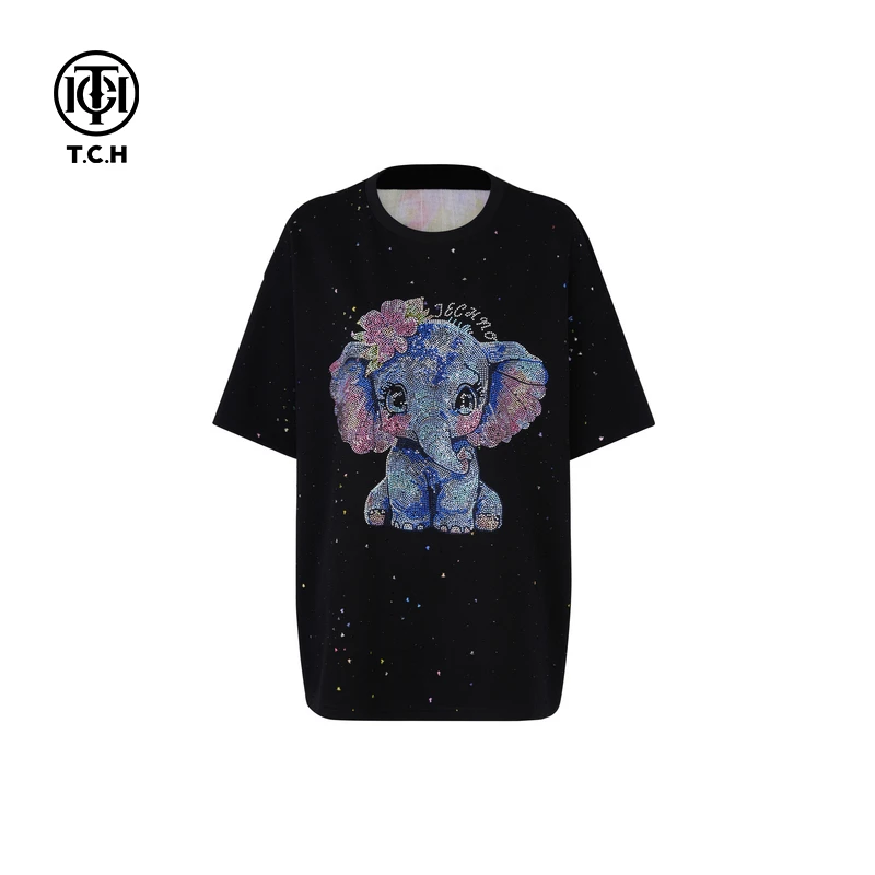 TCH轻奢烫钻工艺炫彩破洞可爱小象黑色T恤女T75A10E1010私服tch