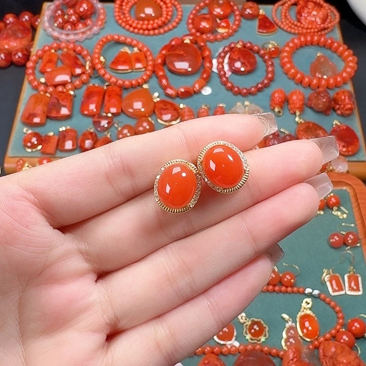 南红玛瑙银S925镶嵌顶货耳饰