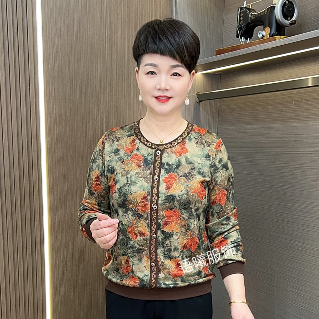 圆领长袖妈妈装常规款时尚中老年女装宽松型百搭印花小衫F8122