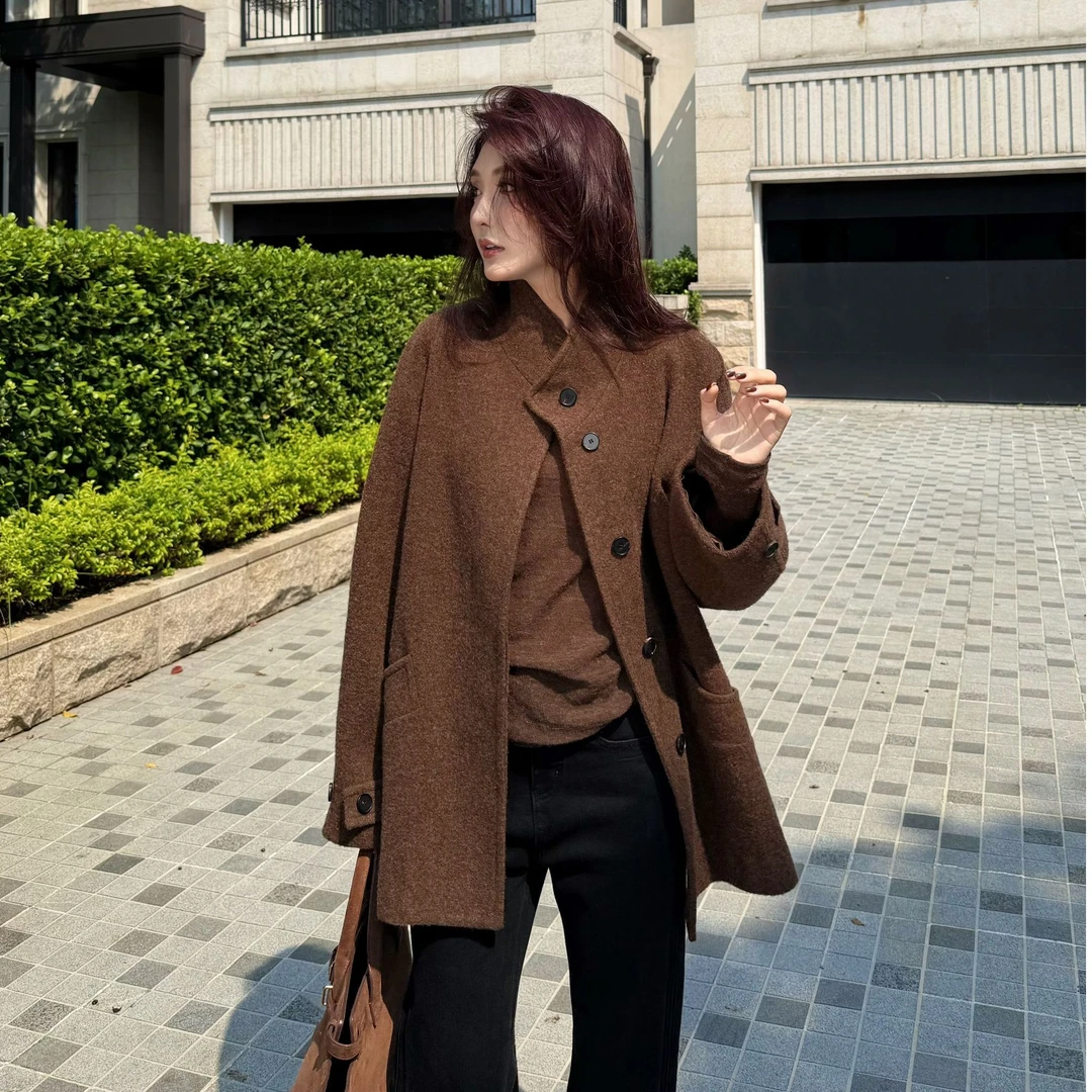 Moprobably李予诺「玄棕」“100%羊毛”高端系带毛呢大衣外套L5360004
