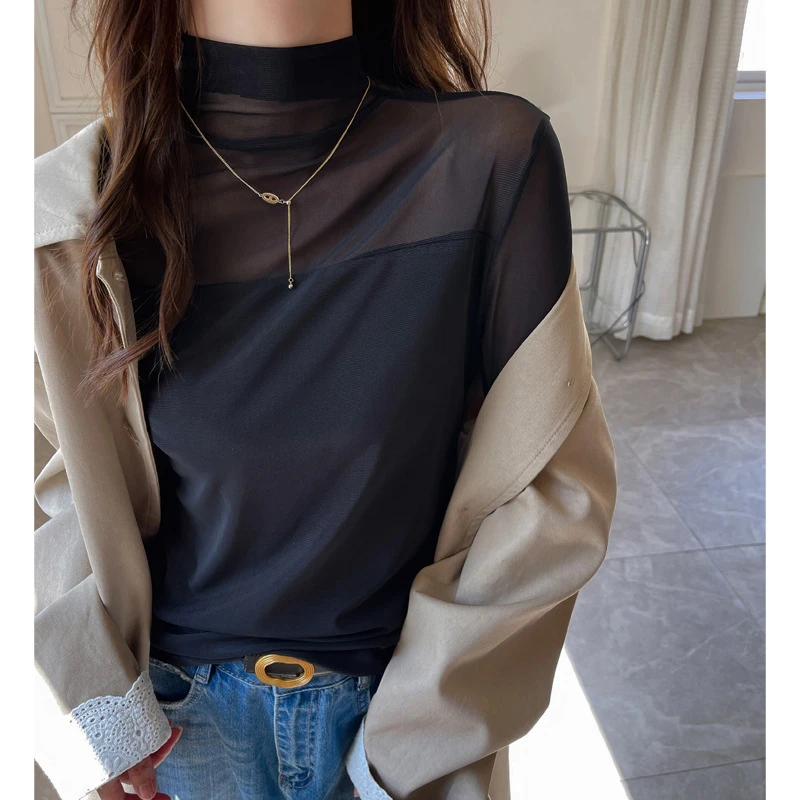 纯欲半高领长袖打底衫女内搭秋冬高级感网纱拼接简约t恤修身上衣