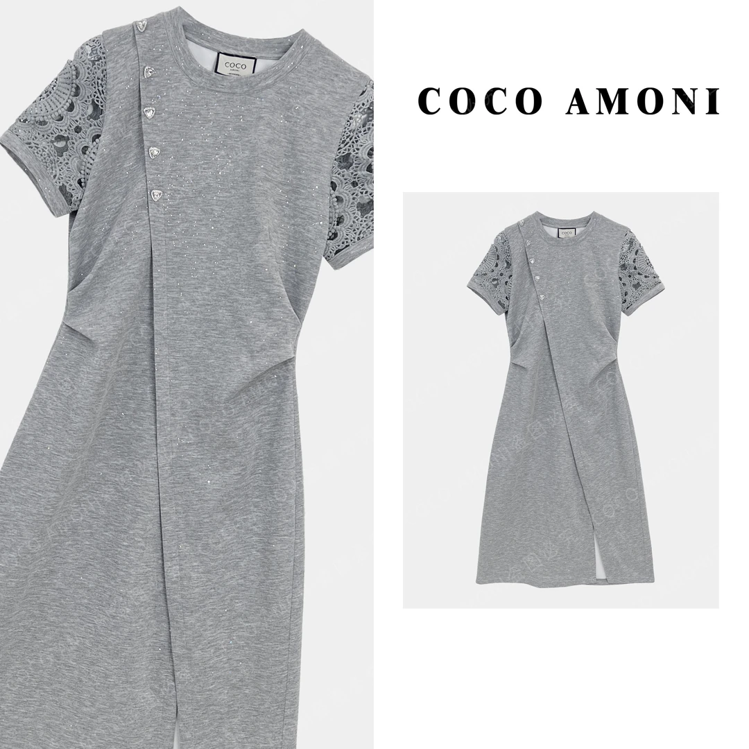 时尚设计小香风法式满钻设计拼接褶皱收腰显瘦气质连衣裙AC352