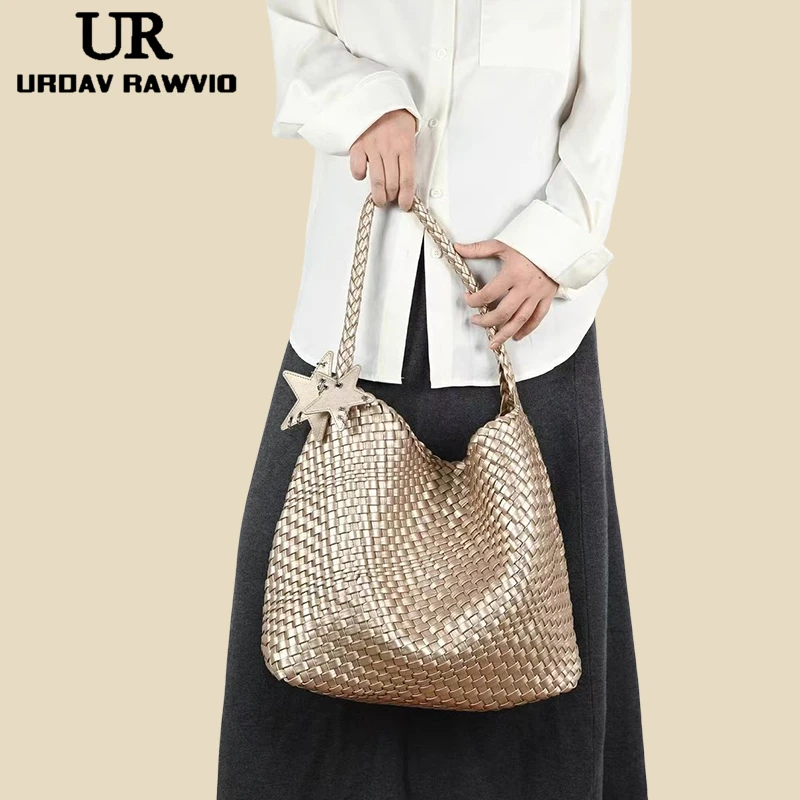URDAV RAWVIO枪枪同款香槟色编织大容量大包高级感手提单肩水桶包