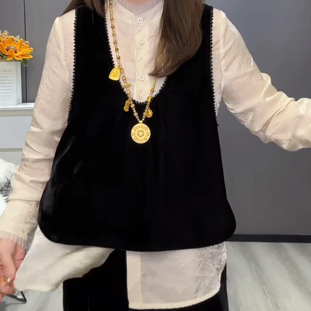 重磅肌理感花边衬衫2025秋季大码胖MM新中式拼接圆领时髦女士上衣