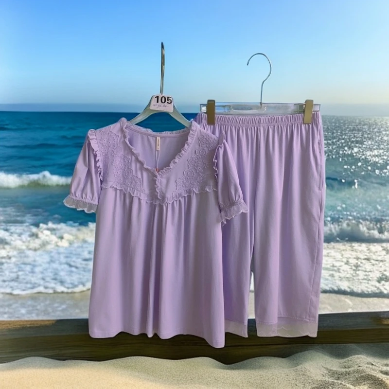 金黛儿2025夏季新款短袖七分裤睡衣女士爽棉高档蕾丝宫廷风家居服