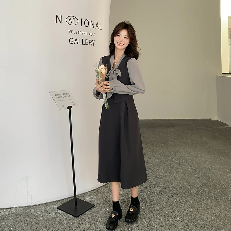 法式优雅拼接假两件撞色连衣裙女2025春季新款蝴蝶结系带气质长裙