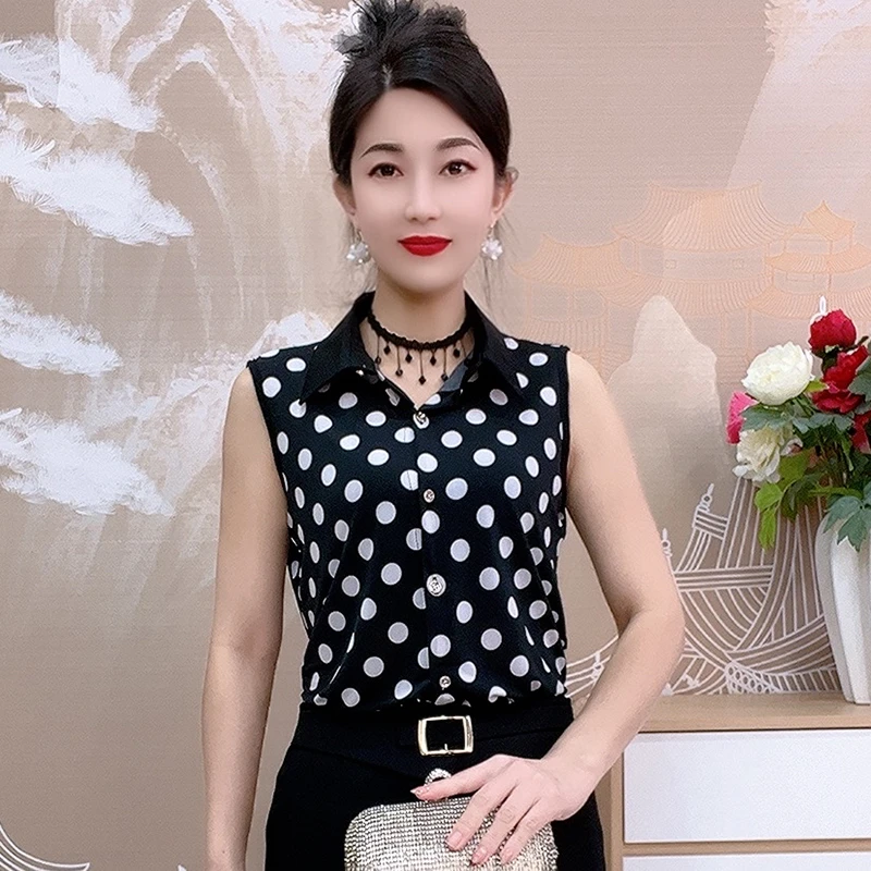 23163夏季冰羽丝弹力T恤女士气质无袖衬衫洋气时尚外穿显瘦衬衣
