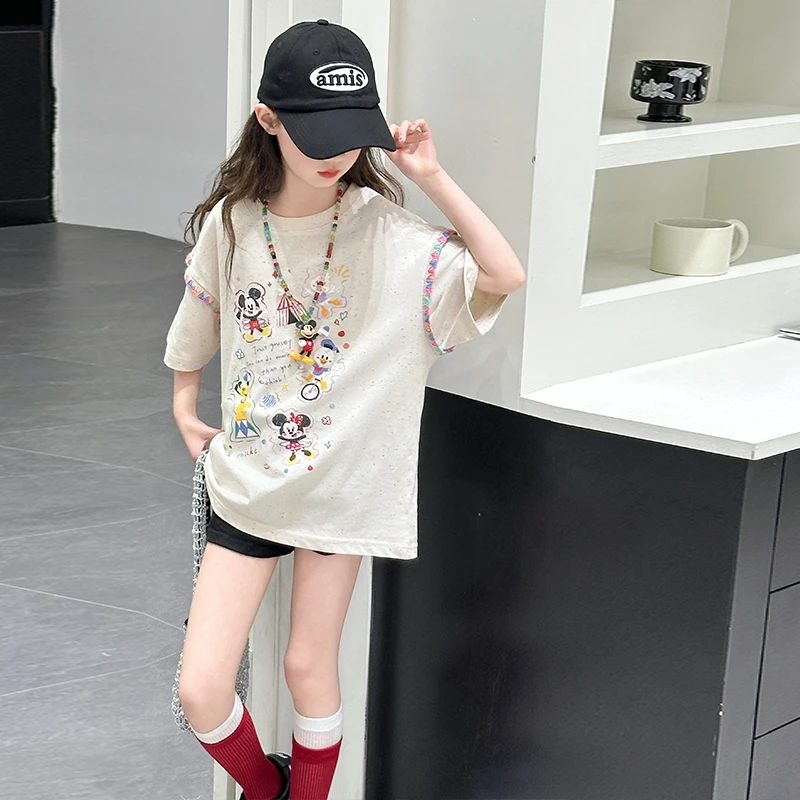 女童夏季短袖T恤2025新款韩版夏装休闲米奇印花短袖女孩圆领体恤