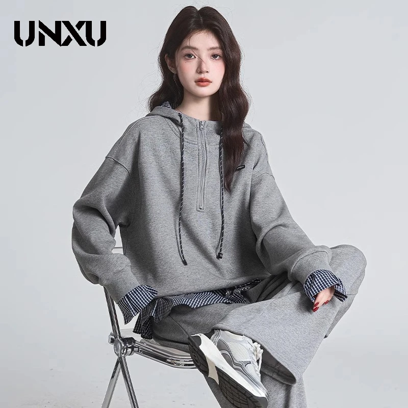 UNXU假两件上衣美式复古连帽卫衣女2025春秋新款宽松休闲百搭套装
