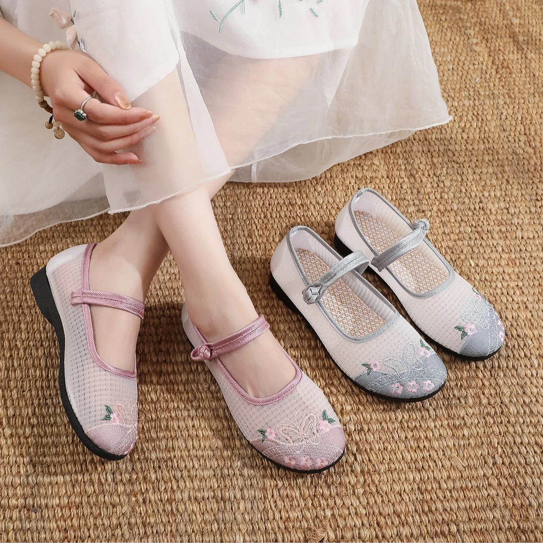 夏季网面透气汉服平底软底防滑民族绣花鞋网鞋北京布鞋妈妈女鞋
