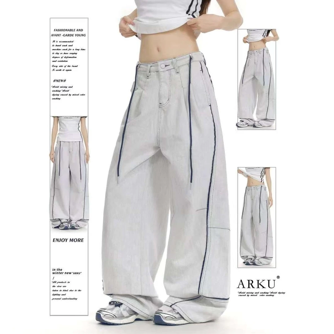 美式复古水洗爆款弯刀牛仔裤男女2025新款街头穿搭显瘦阔腿长裤