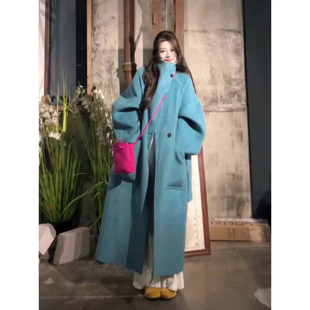 韩系高级感蓝色单排扣毛呢外套女秋冬气质名媛显瘦显瘦中长款大衣