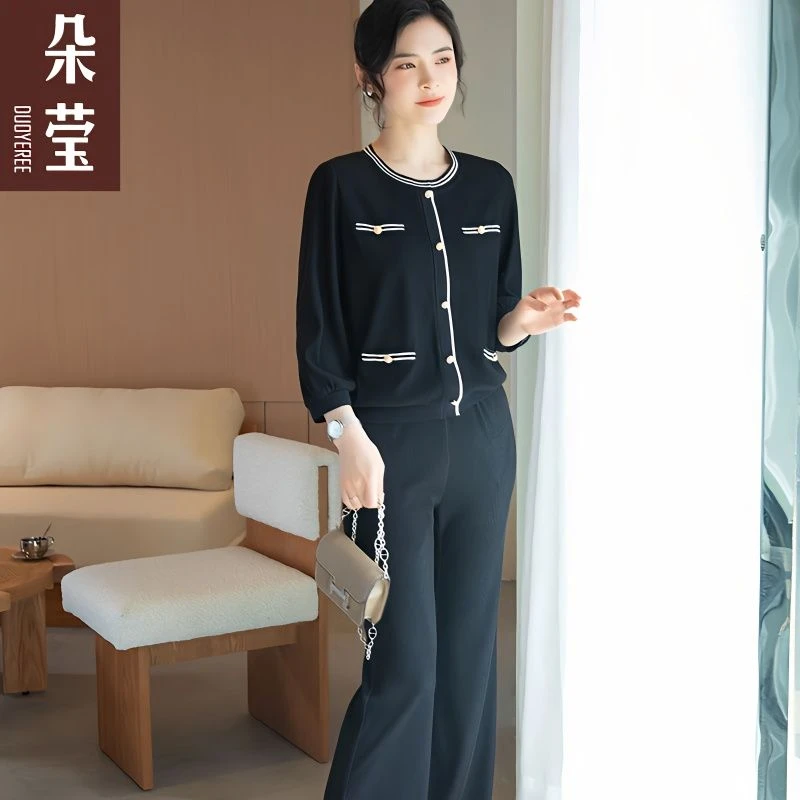 【断码特价】朵莹妈妈春装薄款针织套装中年时尚40岁50长袖小香风