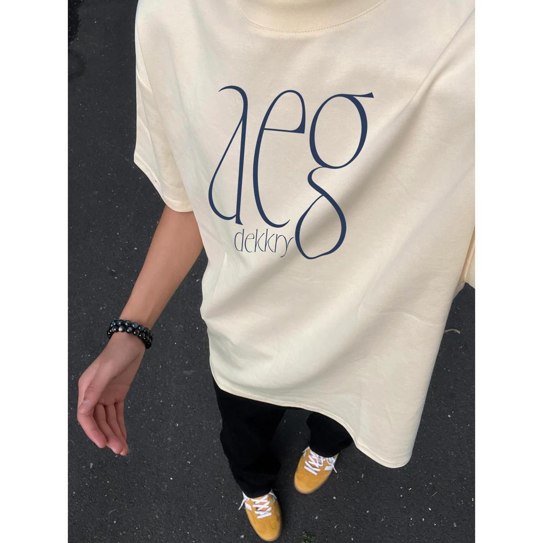 100%纯棉美式个性线条字母印花短袖T恤夏季男女休闲情侣百搭上衣