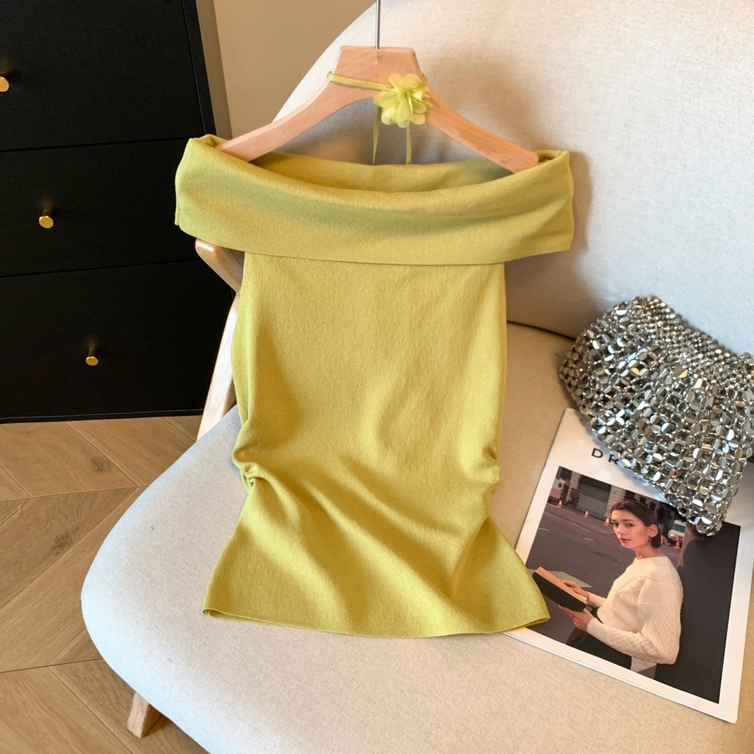 韩系一字肩花系带针织上衣女夏季设计感气质老钱女装禅意仙气飘飘