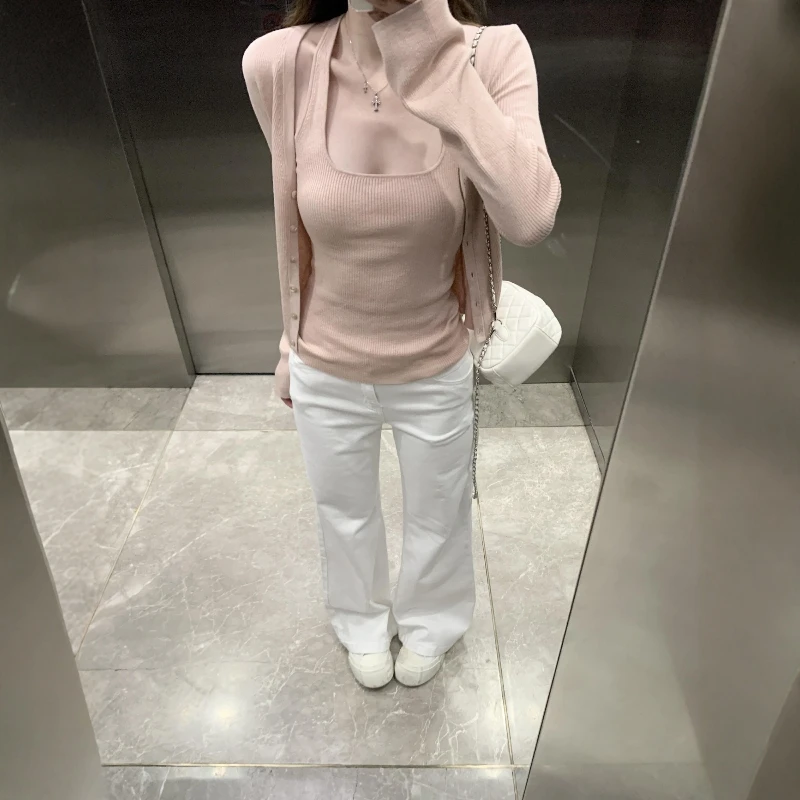 纯欲风温柔针织开衫外套女2025春秋新款挂脖背心粉色上衣两件套装