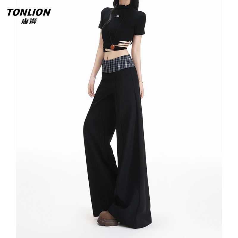 唐狮小众格纹拼接黑色西装阔腿裤女早秋美式高腰宽松垂感休闲裤