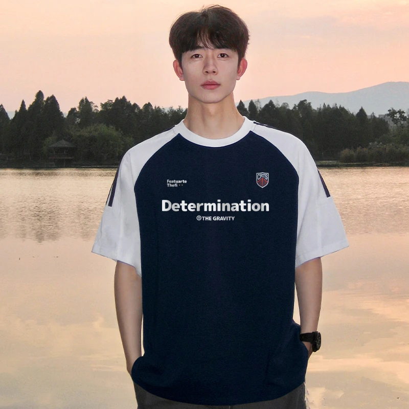 美式撞色藏青色插肩袖短袖t恤男夏季青少年薄款宽松半袖纯棉上衣