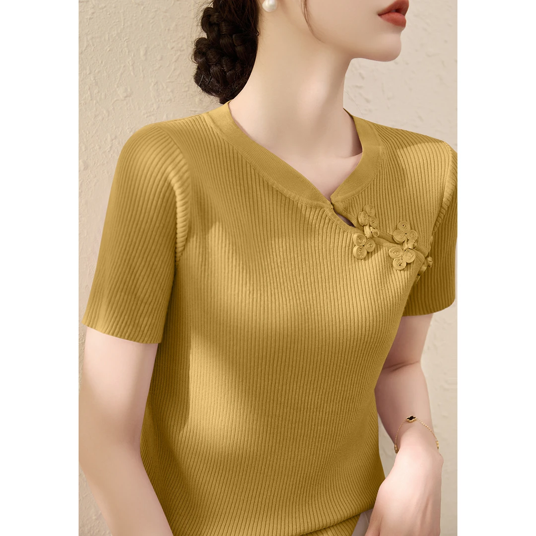 新中式国风盘扣设计V领短袖针织衫女装夏季小众黄色修身显瘦上衣