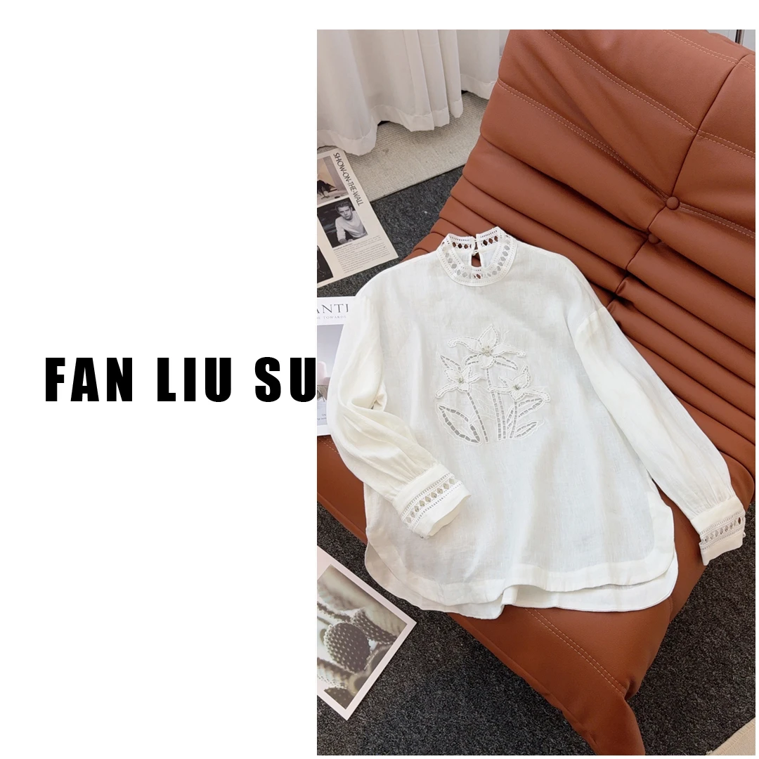 【FANLIUSU】亚麻刺绣钩花复古白色衬衣上衣防晒衬衫25新款女士夏季