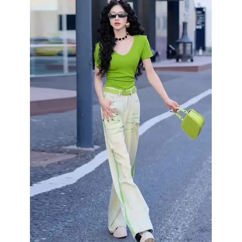 2025夏季休闲套装女时尚减龄绿色短袖恤气质显瘦牛仔裤两件套