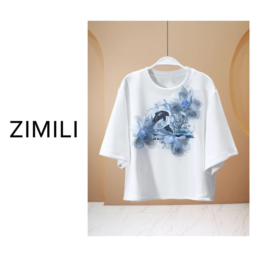 【亮哥女装】“冰凉一夏”白色立体盘花时尚休闲短款T恤7190