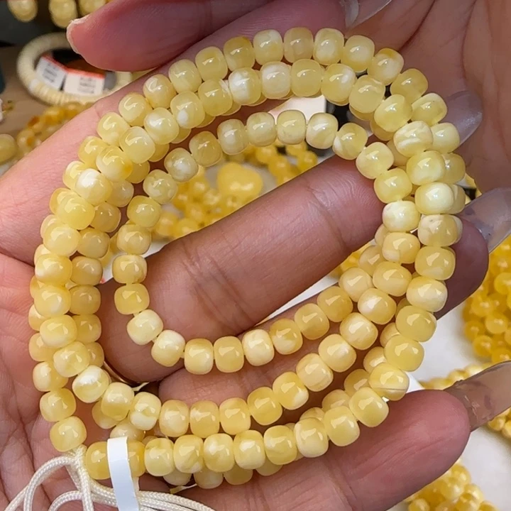 蜜蜡未镶嵌手串金白妖花老型手串