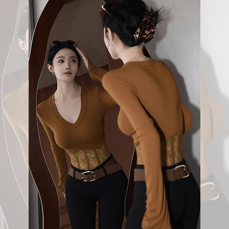 别致独特漂亮蕾丝拼接小衫女韩系秋冬装内搭长袖t恤洋气咖色上衣