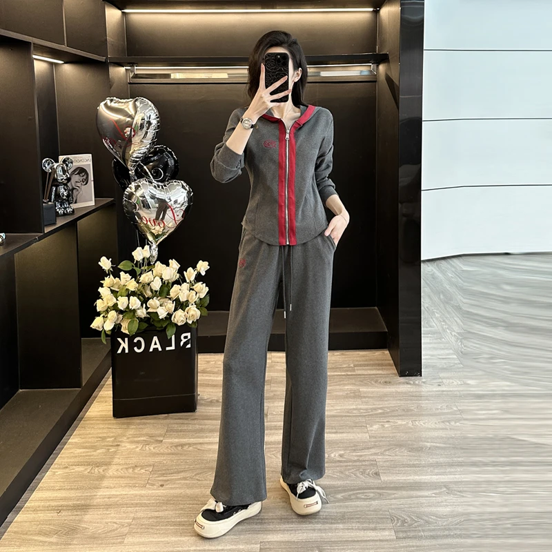 灰色运动休闲套装2025春季新款时尚减龄气质开衫上衣阔腿裤两件套