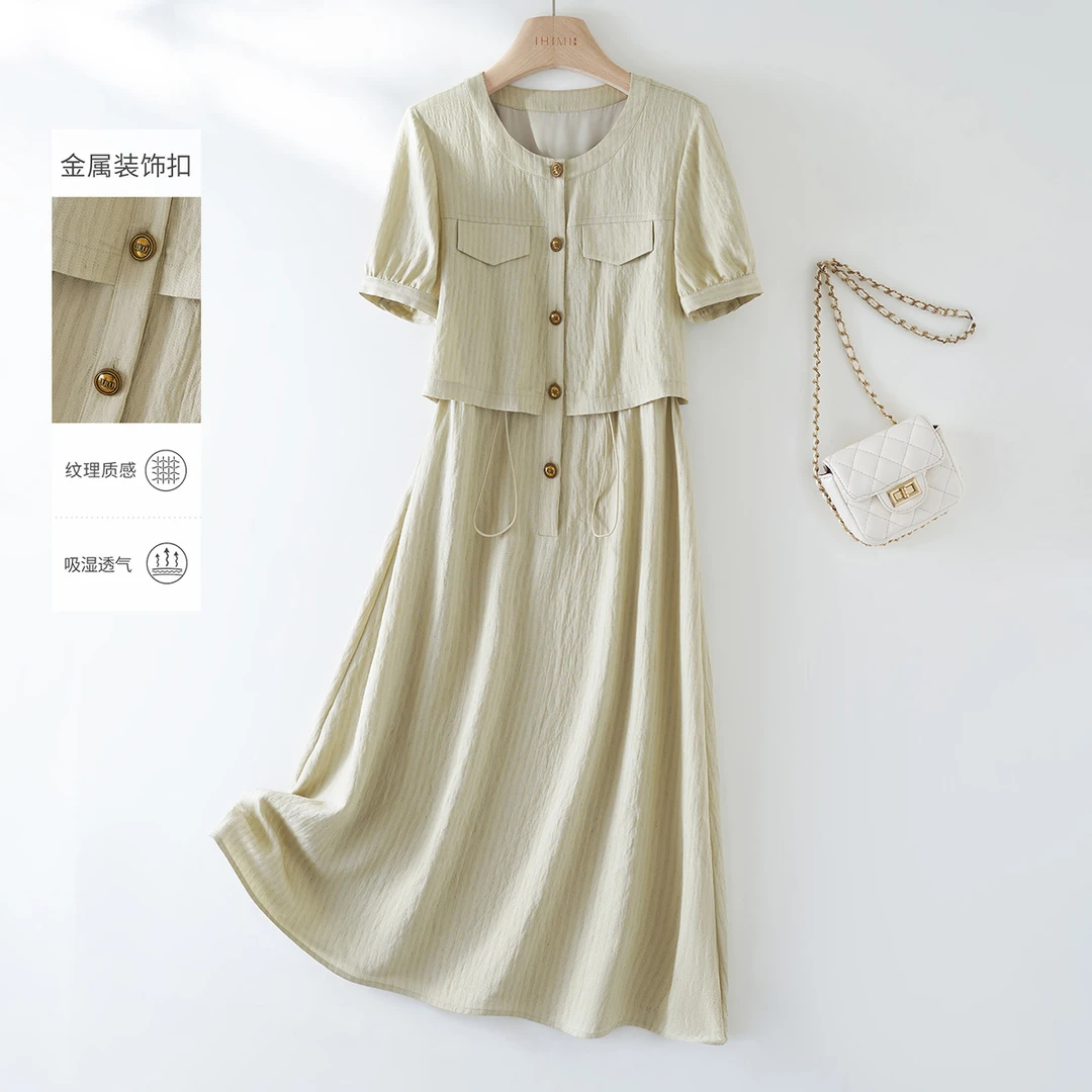 IHIMI/海谧【欧若拉】25夏薄款中长款宽松温柔风简约收腰抽绳连衣裙